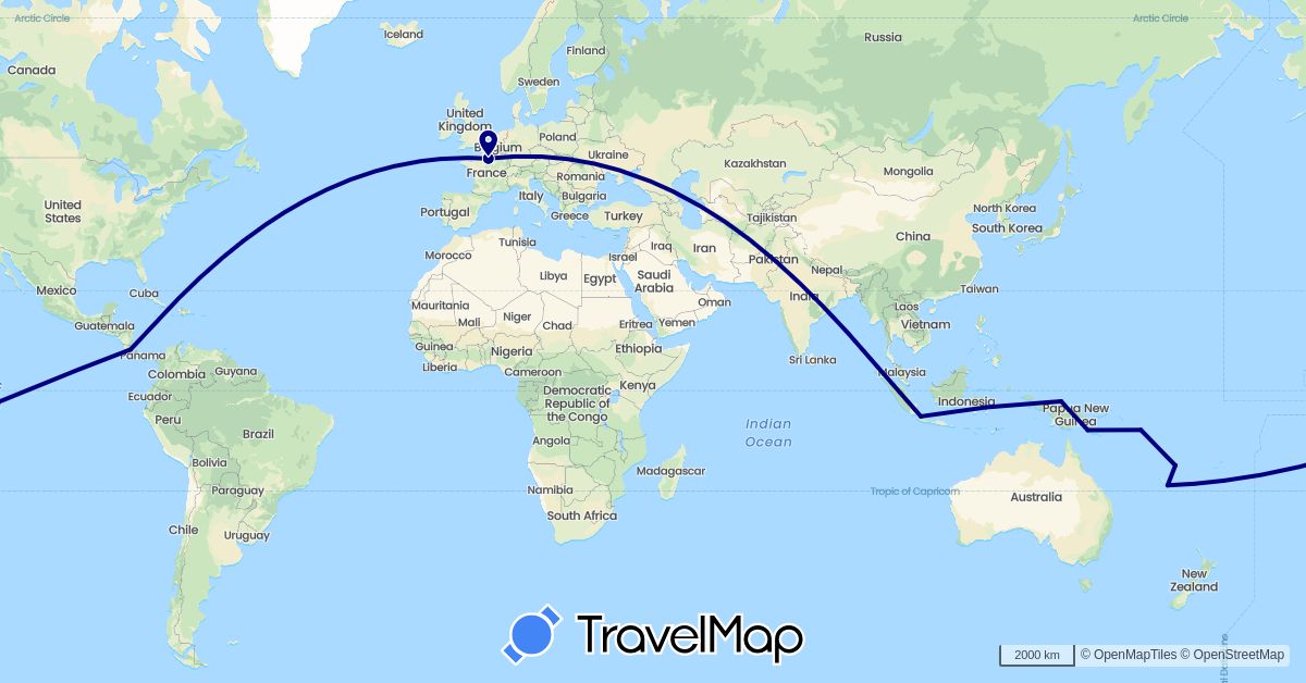 TravelMap itinerary: driving in Costa Rica, France, Indonesia, New Caledonia, Papua New Guinea, Solomon Islands, Vanuatu (Asia, Europe, North America, Oceania)
